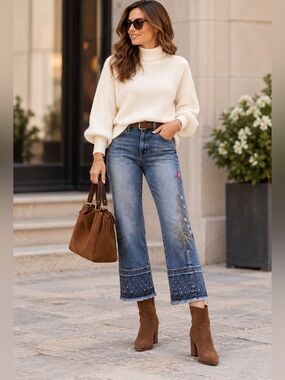 SPOGI Embroidered Cropped Jeans with Multicolor Accents size 28 29